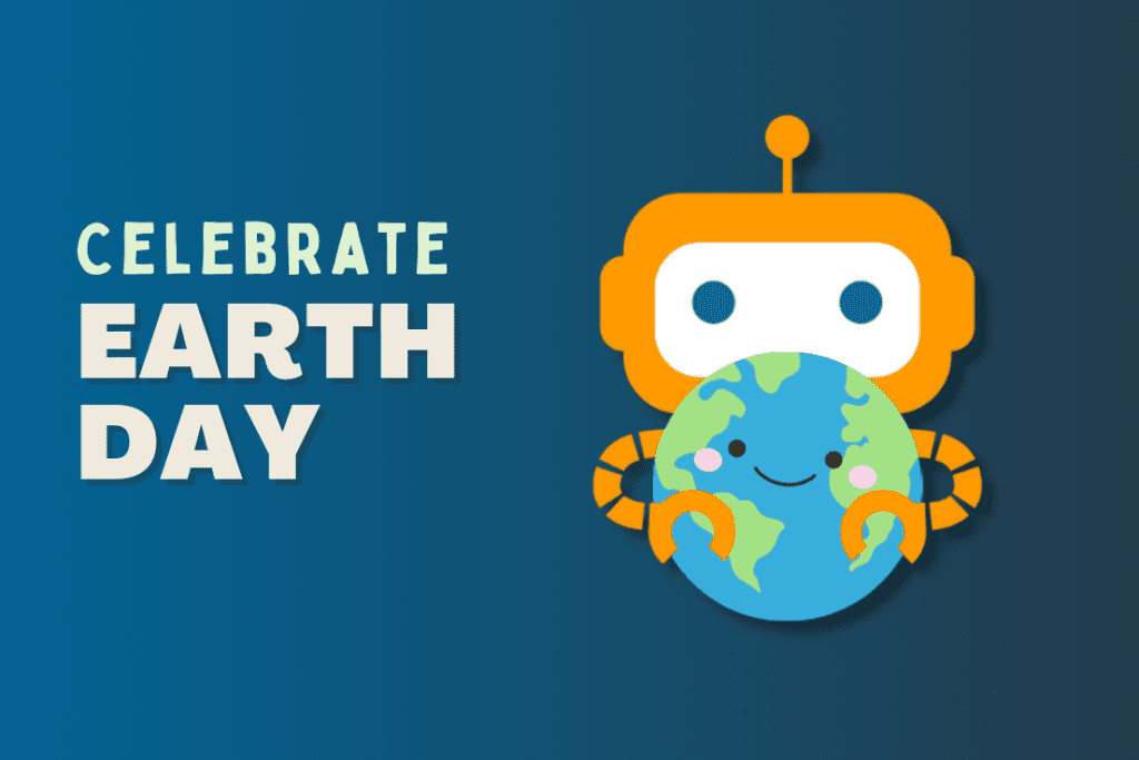 A friendly, cartoon robot Aiva holding the Earth with the text "Celebrate Earth Day."