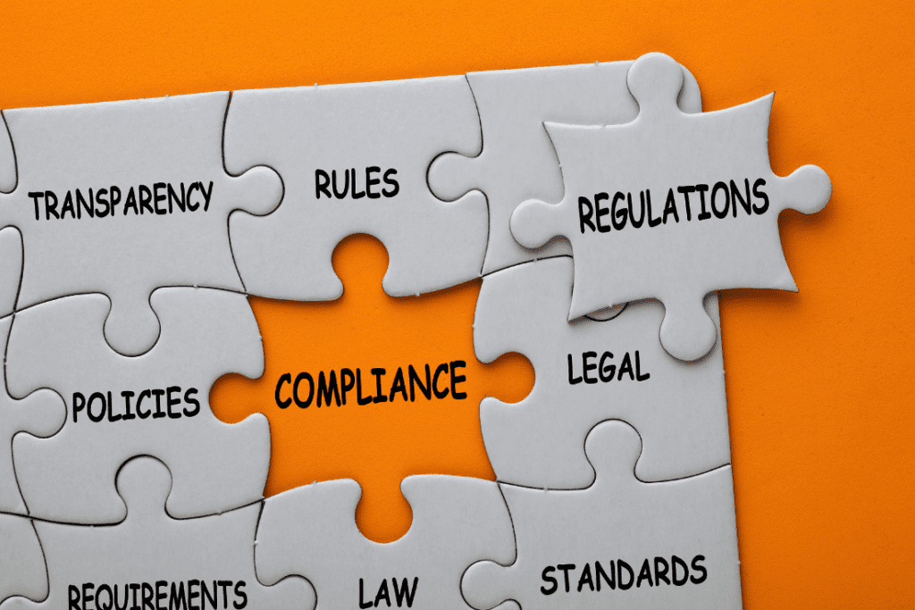 Puzzle pieces with labels such as "Transparency," "Policies," "Compliance," and "Regulations," highlighting the connection between different aspects of audits and compliance.