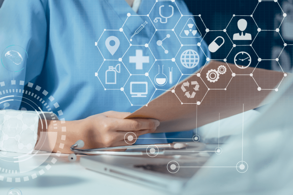 Healthcare professional in scrubs reviewing documents, with digital icons related to healthcare, technology, and data management in the background, symbolizing the complexity of payer enrollment.