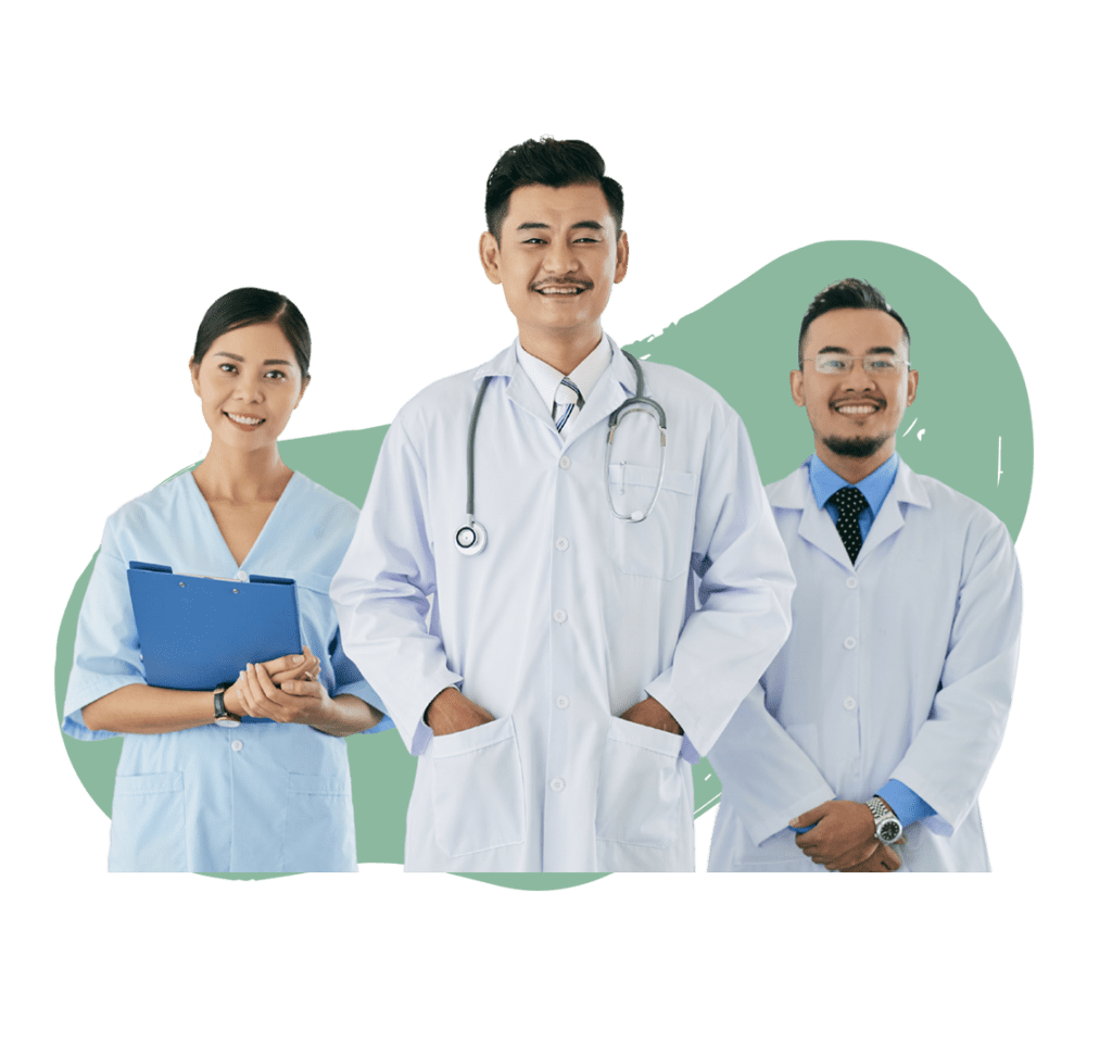 Three healthcare professionals smiling and standing together in a green background. One woman in scrubs holding a clipboard, and two men in lab coats with stethoscopes.