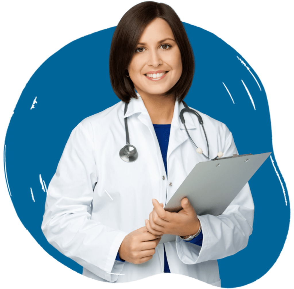 A female doctor in a white coat holding a clipboard and smiling, with a blue background behind her.