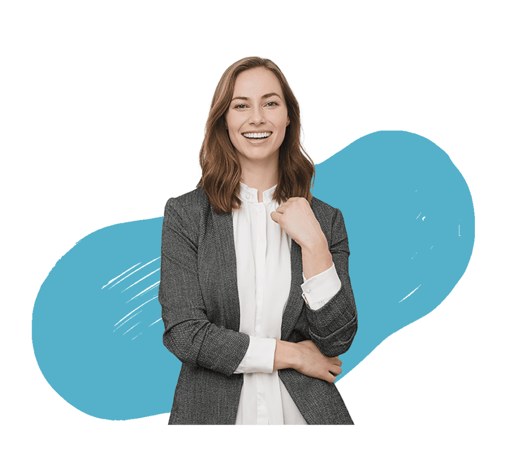 A professional woman wearing a suit, standing with one fist raised, and smiling with an light blue background.