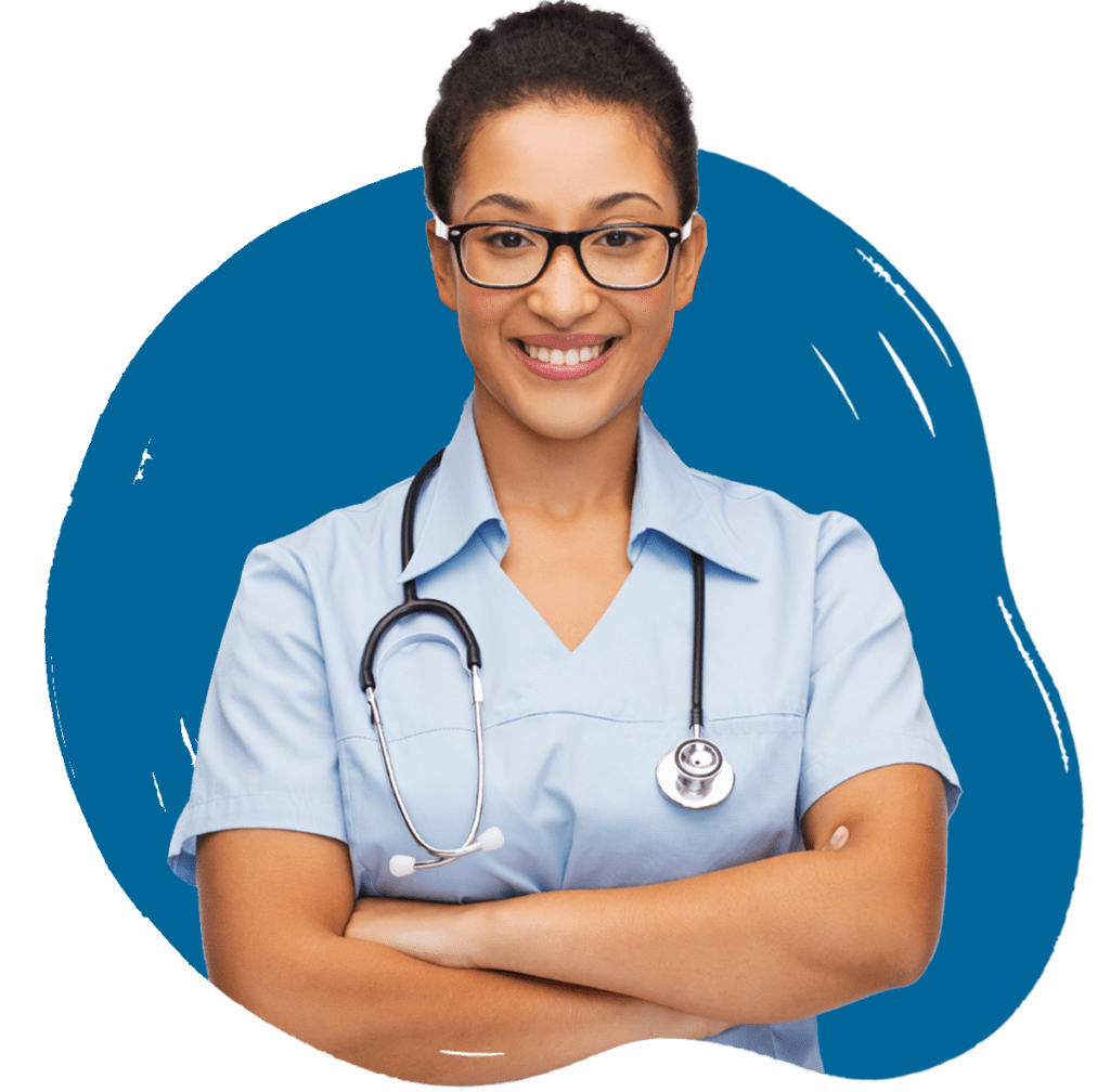A confident healthcare professional smiling with arms crossed, wearing a stethoscope and light blue scrubs with blue background.
