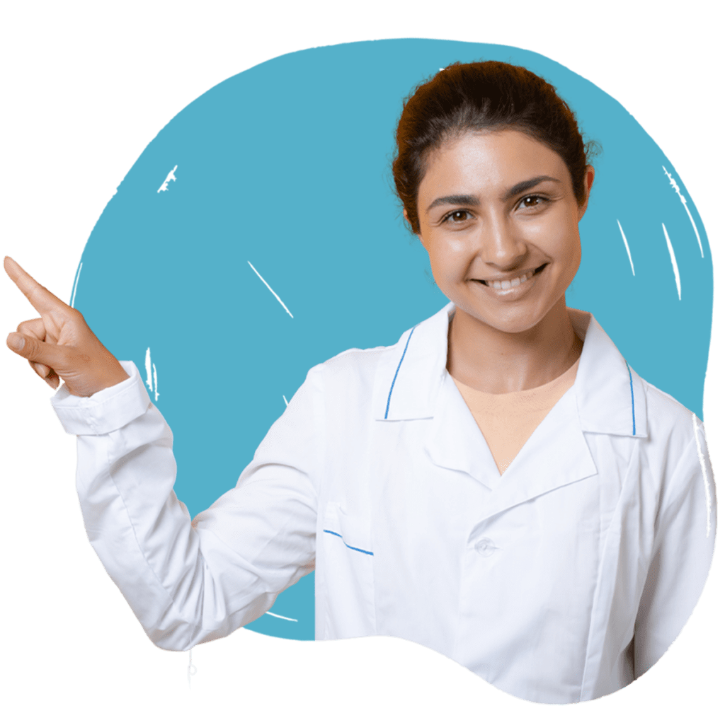 A healthcare professional in a white lab coat smiling and pointing upwards, with an light blue background.