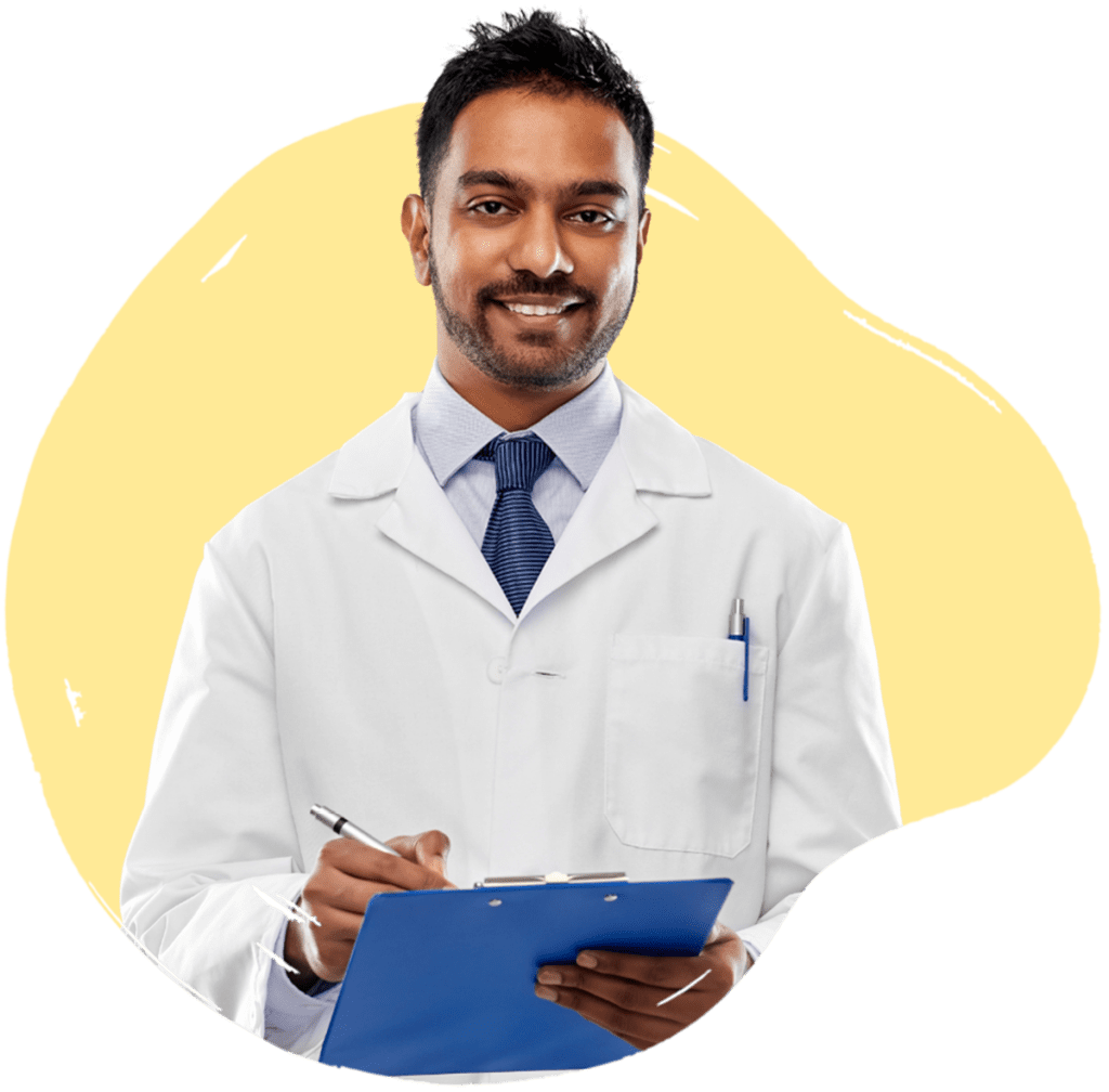 A healthcare professional wearing a white coat and holding a clipboard, with a yellow background.