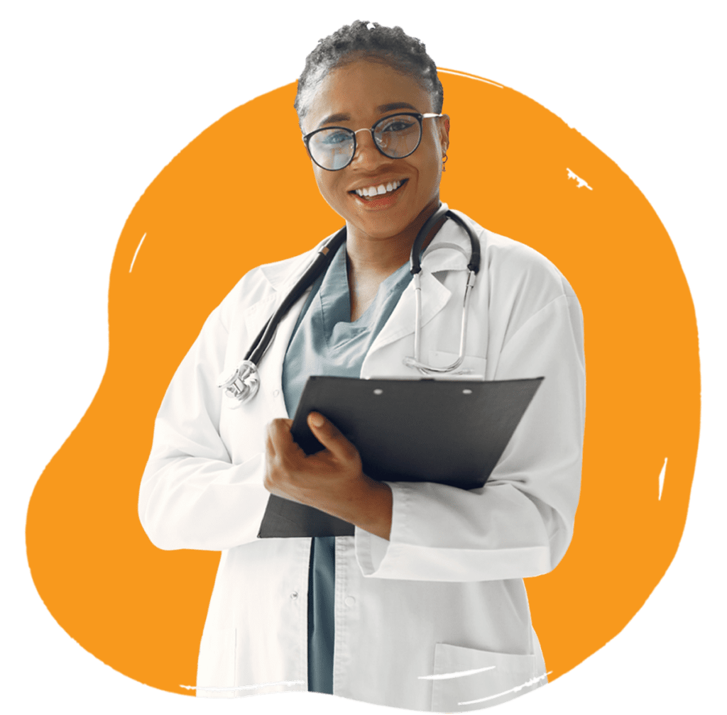 A healthcare professional wearing a stethoscope, smiling while holding a clipboard, with an orange background.
