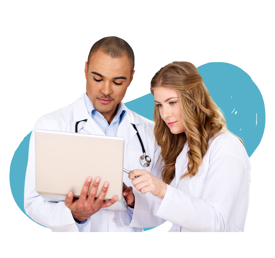 A doctor and a nurse collaborating over a laptop, with a light blue background.