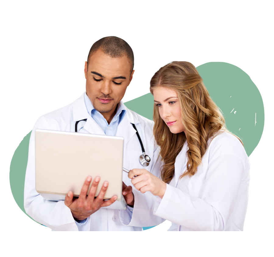 A doctor and a nurse collaborating over a laptop, with a green background.