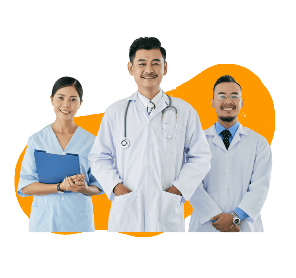 Three healthcare professionals smiling and standing together in a orange background. One woman in scrubs holding a clipboard, and two men in lab coats with stethoscopes.