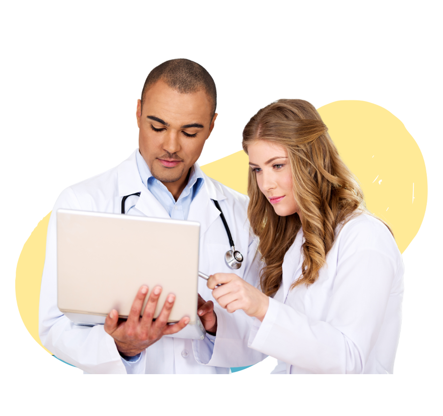 A doctor and a nurse collaborating over a laptop, with a yellow background.