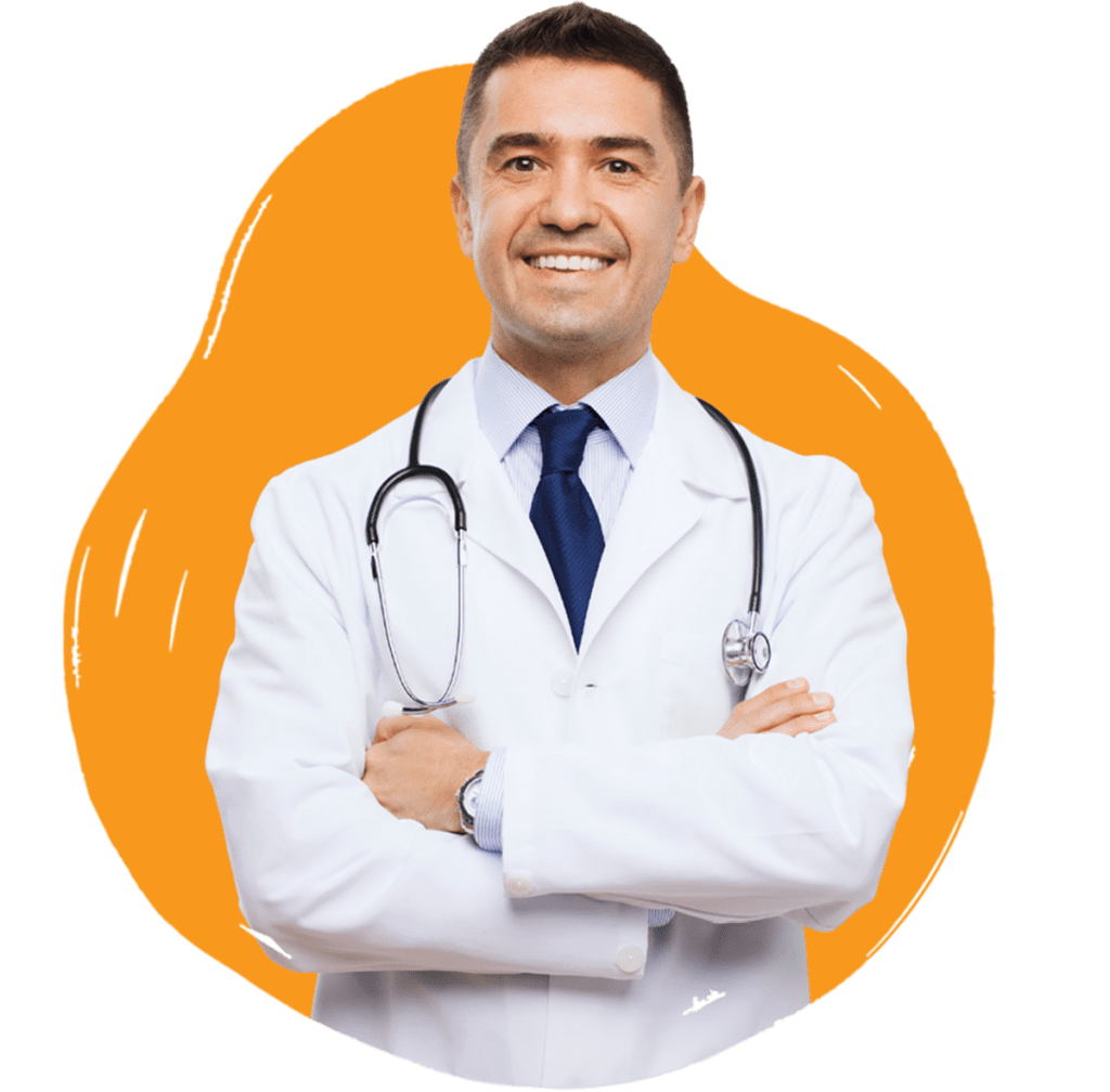 A healthcare professional smiling, wearing a white coat with a stethoscope, and a orange background.