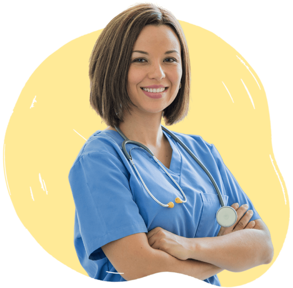 A female healthcare professional wearing blue scrubs and a stethoscope, standing with arms crossed, against a yellow background.