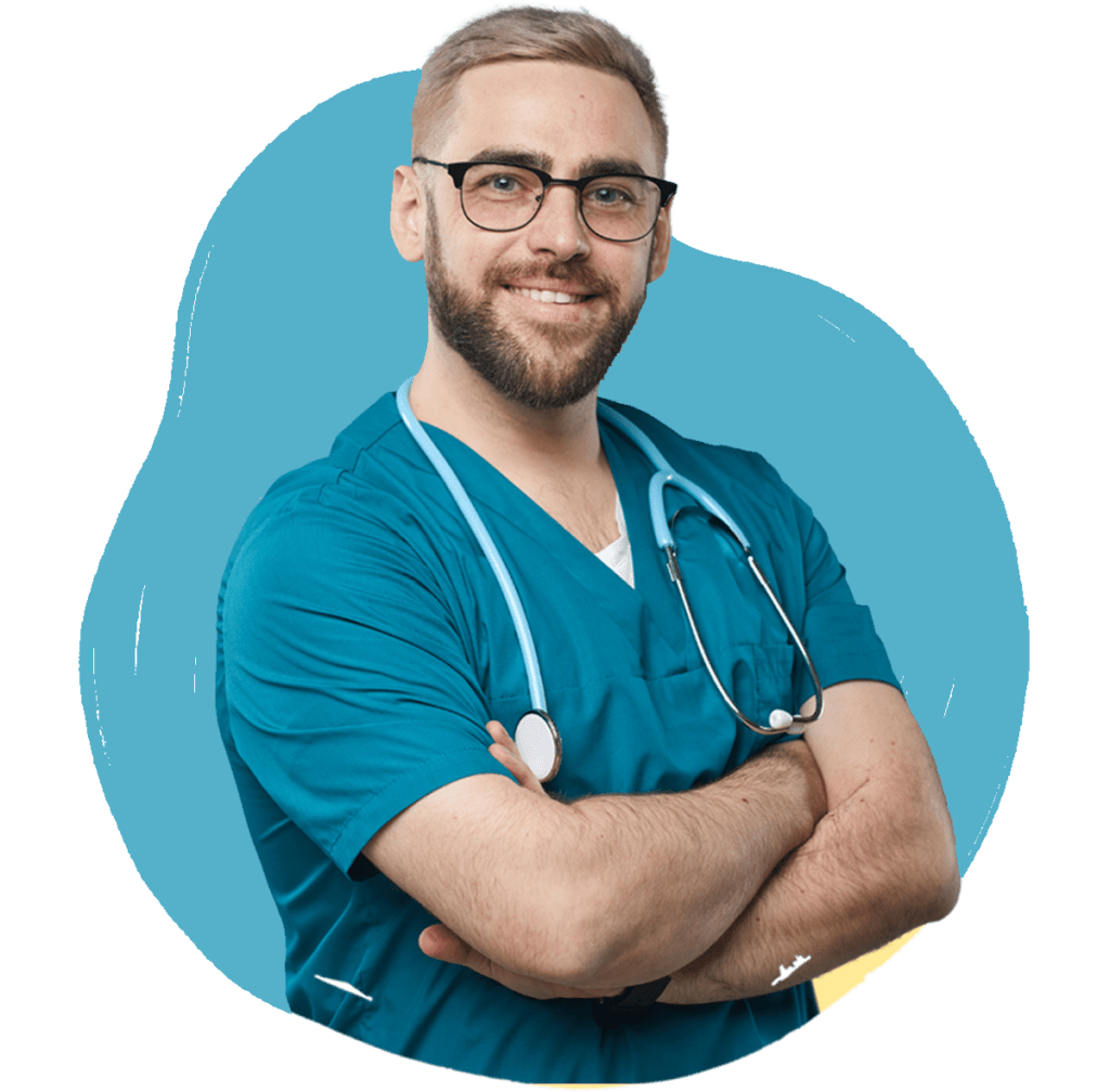 A healthcare professional with a stethoscope, smiling and standing with arms crossed, wearing teal scrubs and an light blue background.