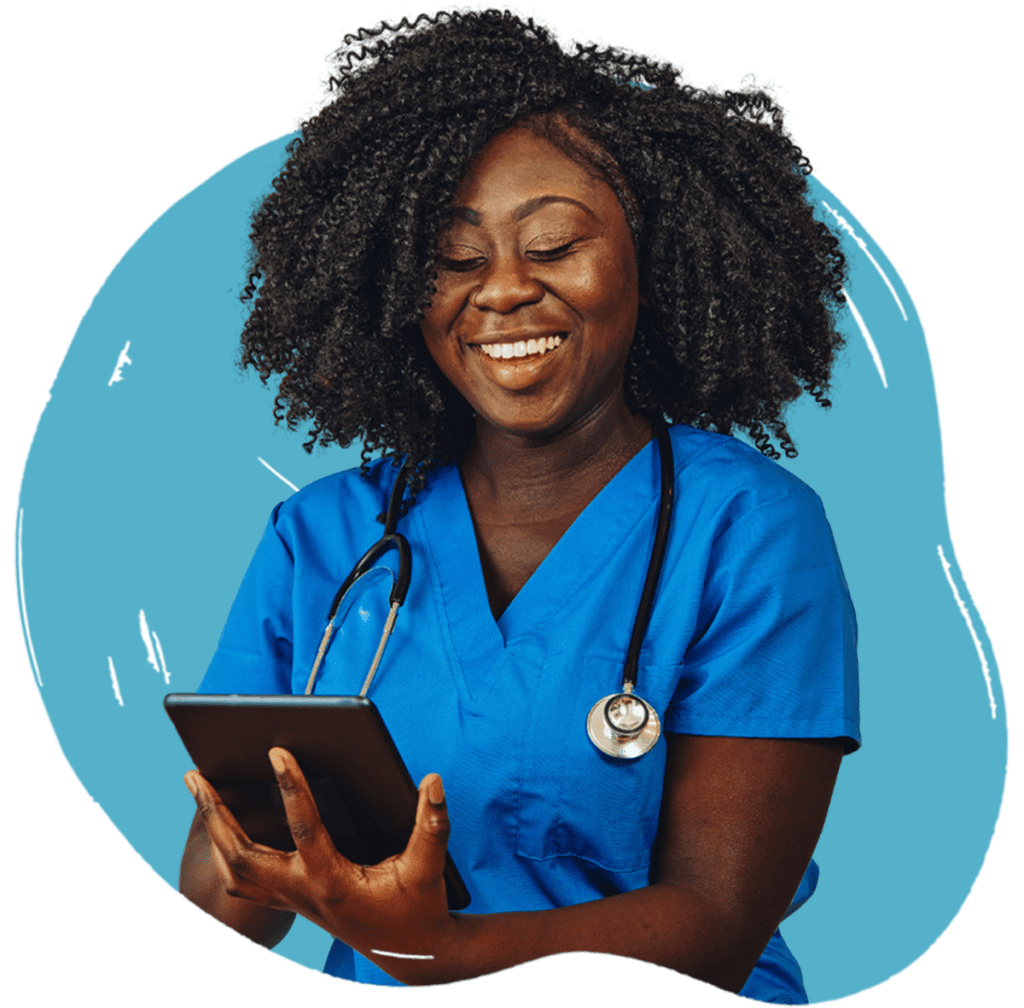 A female healthcare professional in blue scrubs holding a tablet and smiling, with a blue background.