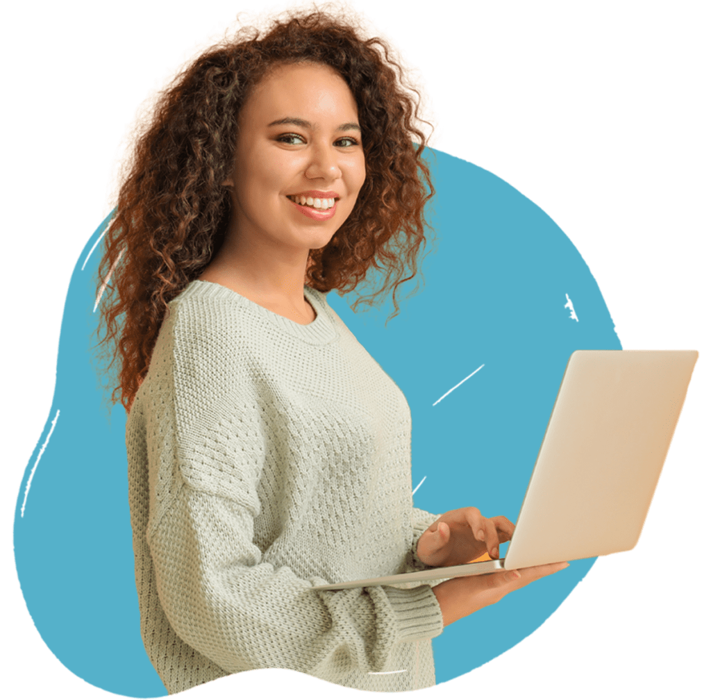 A confident professional smiling while holding a laptop, with a light blue background.
