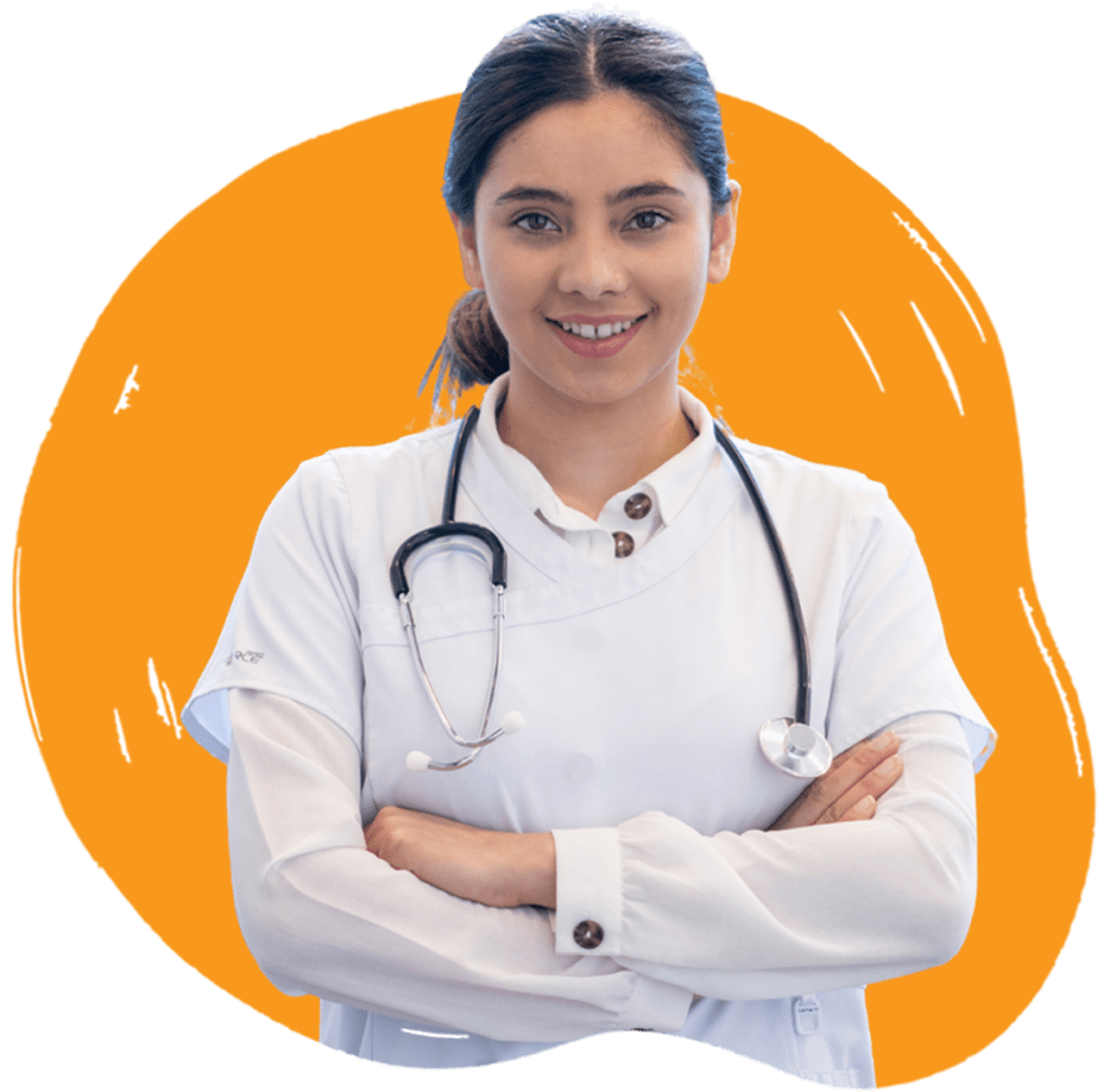 A smiling medical professional in a white coat with a stethoscope, standing with arms crossed in front of an orange background