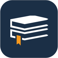 Stacked books icon on a blue background.