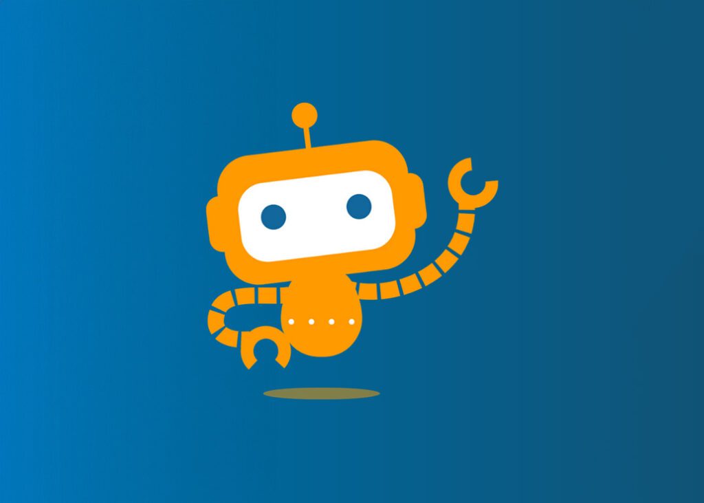 Illustration of Aiva, the robot mascot, with an orange body, two eyes, and a robotic arm in a playful pose.