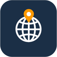 A world icon on a blue background.