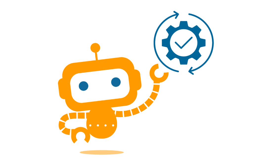 Illustration of Aiva, MD-Staff's ai assistant, an orange robot with a mechanical arm holding a gear icon with a checkmark, representing automation and efficiency in credentialing.