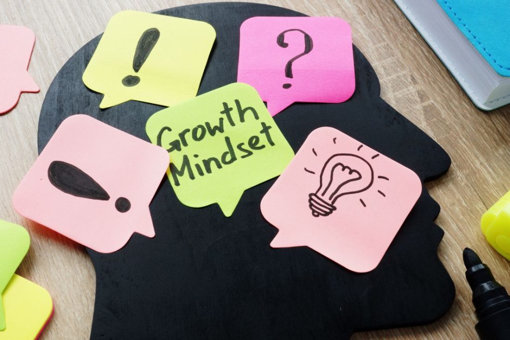 Image of sticky notes on a cutout of a head with "growth mindset" written on it